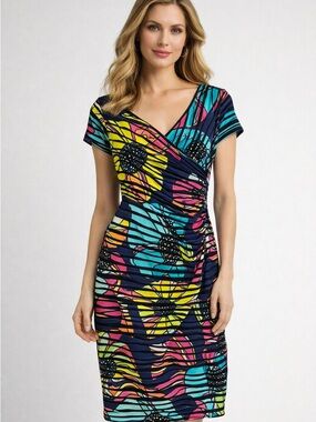 Joseph Ribkoff Dress 6 Multicolored Black Striped Floral Abstract Ruched Wrap